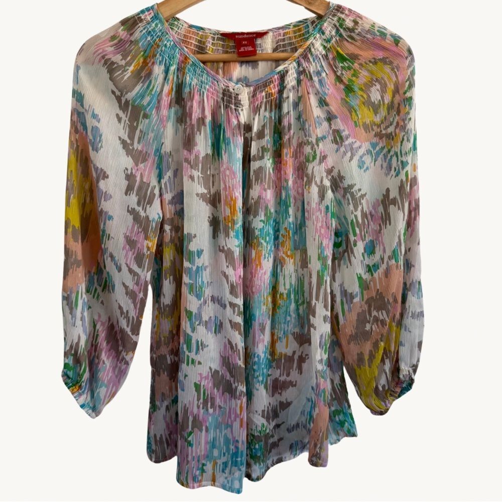 Sundance Silk Watercolor Boho Peasant Blouse Sheer Smocked Button Top XS